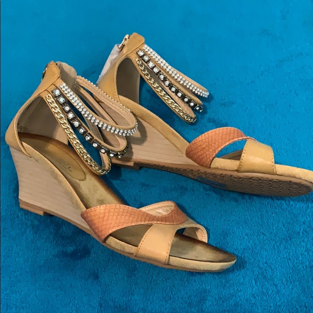 Spring Step Tan and Coral Sandals with Gold Accents
